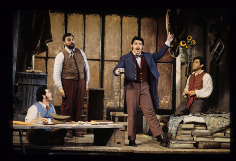 Earle Patriarco (Marcello), Giorgio Giuseppini (Colline), Alfredo Daza (Schaunard), Luis Lima (Rodolfo), La Bohème, Giacomo Puccini. San Francisco Opera, 1999-2000. Photographer: Ken Friedman/San Francisco Opera.