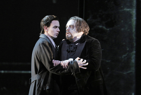 Edward Nelson (L'Ami), Brian Mulligan (Roderick Usher), La Chute de la Maison Usher, Claude Debussy. San Francisco Opera, 2015-16. Photographer: Cory Weaver/San Francisco Opera.