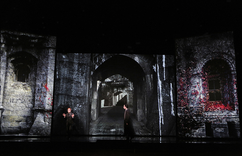 Joel Sorensen (Le Medecin), Edward Nelson (L'Ami), La Chute de la Maison Usher, Claude Debussy. San Francisco Opera, 2015-16. Photographer: Cory Weaver/San Francisco Opera.