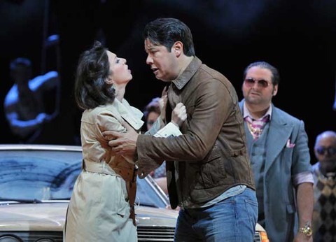 Erika Grimaldi (Micaëla), Adam Diegel (Don José), Chorus, Carmen, Georges Bizet. San Francisco Opera, 2015-16. Photographer: Cory Weaver/San Francisco Opera.