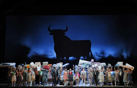 Amina Edris (Frasquita), Ginger Costa-Jackson (Carmen), Renée Rapier (Mercédès), Chorus, Carmen, Georges Bizet. San Francisco Opera, 2015-16. Photographer: Cory Weaver/San Francisco Opera.