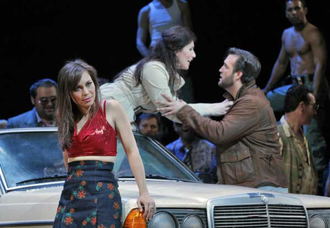 Irene Roberts (Carmen), Ellie Dehn (Micaëla), Brian Jagde (Don José), Chorus, Carmen, Georges Bizet. San Francisco Opera, 2015-16. Photographer: Cory Weaver/San Francisco Opera.