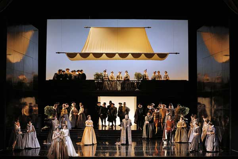 Valentina Simi (Countess of Aremberg), Ana María Martínez (Elisabetta), Nadia Krasteva (Princess Eboli), René Pape (King Philip II), Mariusz Kwiecień (Rodrigo), Chorus, Don Carlo, Giuseppe Verdi. San Francisco Opera, 2015-16. Photographer: Cory Weaver/San Francisco Opera.