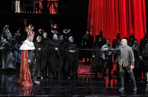 René Pape (King Philip II), Michael Fabiano (Don Carlo), Chorus, Don Carlo, Giuseppe Verdi. San Francisco Opera, 2015-16. Photographer: Cory Weaver/San Francisco Opera.