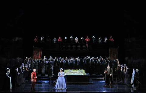 Michael Fabiano (Don Carlo), Ana María Martínez (Elisabetta), Pene Pati (Count Lerma), Chorus, Don Carlo, Giuseppe Verdi. San Francisco Opera, 2015-16. Photographer: Cory Weaver/San Francisco Opera.