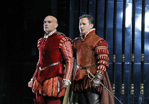 Michael Fabiano (Don Carlo), Mariusz Kwiecień (Rodrigo), Don Carlo, Giuseppe Verdi. San Francisco Opera, 2015-16. Photographer: Cory Weaver/San Francisco Opera.