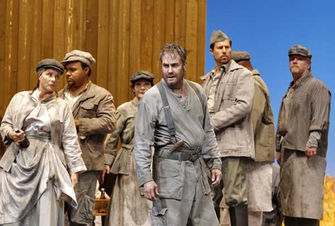 William Burden (Laca Klemeň), Chorus, Jenůfa, Leoš Janáček. San Francisco Opera, 2015-16. Photographer: Cory Weaver/San Francisco Opera.