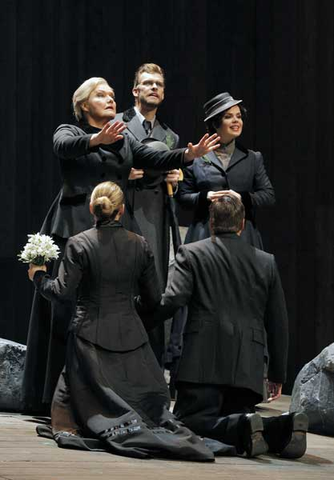 Karita Mattila (Kostelnička Buryjovka), Anthony Reed (Mayor), Zanda Švēde (Mayor's wife), Malin Byström (Jenůfa), William Burden (Laca Klemeň), Jenůfa, Leoš Janáček. San Francisco Opera, 2015-16. Photographer: Cory Weaver/San Francisco Opera.