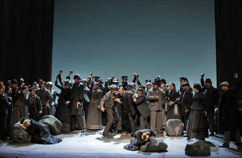 Malin Byström (Jenůfa), Karita Mattila (Kostelnička Buryjovka), Chorus, Jenůfa, Leoš Janáček. San Francisco Opera, 2015-16. Photographer: Cory Weaver/San Francisco Opera.