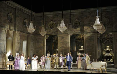 Catherine Cook (Contessa de Coigny), Anna Pirozzi (Maddalena di Coigny), J'Nai Bridges (Bersi), Yonghoon Lee (Andrea Chénier), Chorus, Andrea Chénier, Umberto Giordano. San Francisco Opera, 2016-17. Photographer: Cory Weaver/San Francisco Opera.