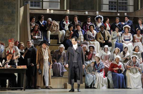 Matthew Stump (Fouquier-Tinville), Anna Pirozzi (Maddalena di Coigy), George Gagnidze (Carlo Gérard), Yonghoon Lee (Andrea Chénier), Tatiana Bookbinder (Idia Legray), Chorus, Andrea Chénier, Umberto Giordano. San Francisco Opera, 2016-17. Photographer: Cory Weaver/San Francisco Opera.