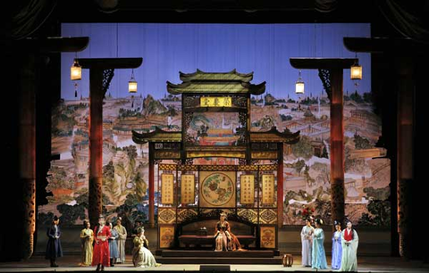 Yijie Shi (Bao Yu), Hyona Kim (Lady Wang), Qiulin Zhang (Granny Jia), Pureum Jo (Dai Yu), Chorus, Dream of the Red Chamber, Bright Sheng. San Francisco Opera, 2016-17. Photographer: Cory Weaver/San Franicsco Opera.