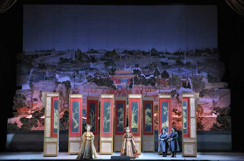 Hyona Kim (Lady Wang), Qiulin Zhang (Granny Jia), Supernumeraries, Dream of the Red Chamber, Bright Sheng. San Francisco Opera, 2016-17. Photographer: Cory Weaver/San Franicsco Opera.