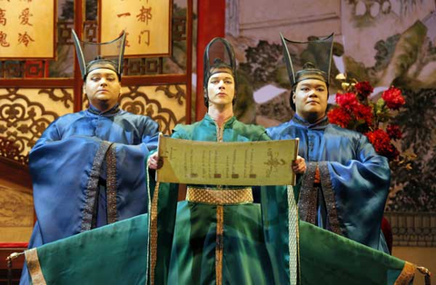 Alex Boyer (Eunuch), Edward Nelson (Eunuch), Pene Pati (Eunich), Dream of the Red Chamber, Bright Sheng. San Francisco Opera, 2016-17. Photographer: Cory Weaver/San Franicsco Opera.