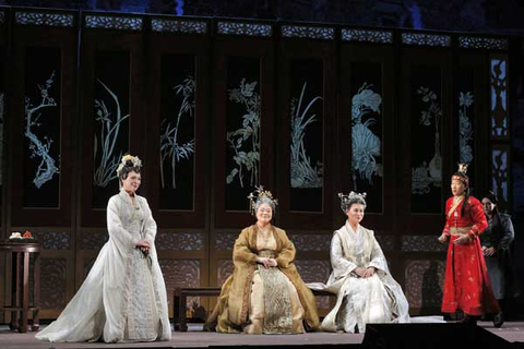 Irene Roberts (Bao Chai), Hyona Kim (Lady Wang), Yanyu Guo (Aunt Xue), Yijie Shi (Bao Yu), Dream of the Red Chamber, Bright Sheng. San Francisco Opera, 2016-17. Photographer: Cory Weaver/San Franicsco Opera.