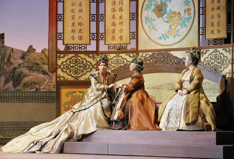 Karen Chia-ling Ho (Princess Jia), Qiulin Zhang (Granny Jia), Hyona Kim (Lady Wang), Dream of the Red Chamber, Bright Sheng. San Francisco Opera, 2016-17. Photographer: Cory Weaver/San Franicsco Opera.