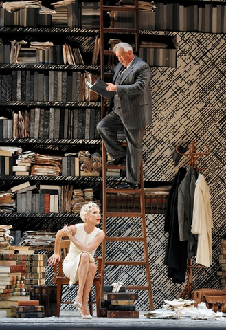 Nadja Michael (Emilia Marty), Dale Travis (Dr. Kolenatý), The Makropulos Case, Leoš Janáček. San Francisco Opera, 2016-17. Photographer: Cory Weaver/San Francisco Opera.