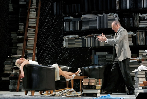 Nadja Michael (Emilia Marty), Charles Workman (Albert Gregor), The Makropulos Case, Leoš Janáček. San Francisco Opera, 2016-17. Photographer: Cory Weaver/San Francisco Opera.