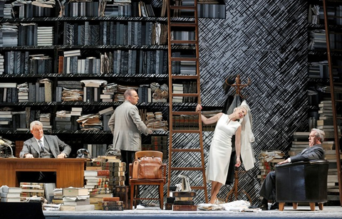 Dale Travis (Dr. Kolenatý ), Charles Workman (Albert Gregor), Nadja Michael (Emilia Marty), and Stephen Powell (Baron Jaroslav Prus), The Makropulos Case, Leoš Janáček. San Francisco Opera, 2016-17. Photographer: Cory Weaver/San Francisco Opera.