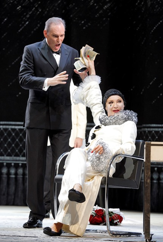 Charles Workman (Albert Gregor), Nadja Michael (Emilia Marty), The Makropulos Case, Leoš Janáček. San Francisco Opera, 2016-17. Photographer: Cory Weaver/San Francisco Opera.