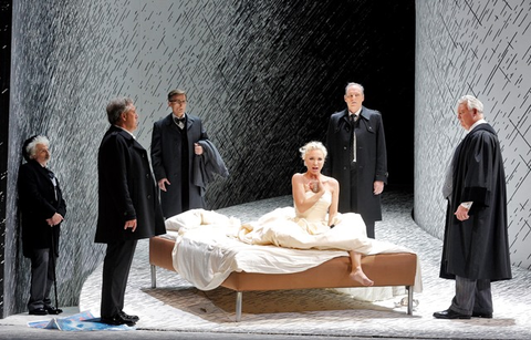 Matthew O'Neil (Count Hauk-Sendorf), Stephen Powell (Baron Jaroslav Prus), Joel Sorensen (Vitek), Nadja Michael (Emilia Marty), Charles Workman (Albert Gregor), Dale Travis (Dr. Kolenatý ), The Makropulos Case, Leoš Janáček. San Francisco Opera, 2016-17. Photographer: Cory Weaver/San Francisco Opera.