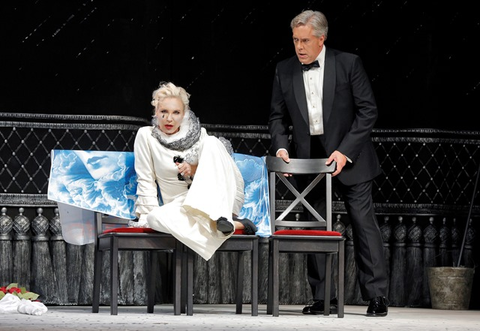 Nadja Michael (Emilia Marty), Stephen Powell (Baron Jaroslav Prus), The Makropulos Case, Leoš Janáček. San Francisco Opera, 2016-17. Photographer: Cory Weaver/San Francisco Opera.