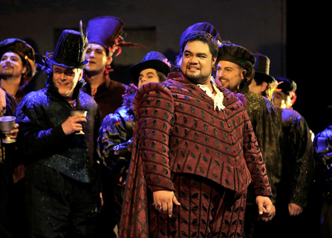 Pene Pati (The Duke of Mantua), Chorus, Rigoletto, Giuseppe Verdi. San Francisco Opera, 2016-17. Photographer: Cory Weaver/San Francisco Opera.