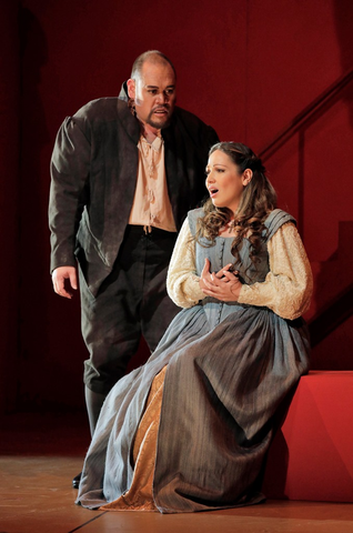 Quinn Kelsey (Rigoletto), Nino Machaidze (Gilda), Rigoletto, Giuseppe Verdi. San Francisco Opera, 2016-17. Photographer: Cory Weaver/San Francisco Opera.