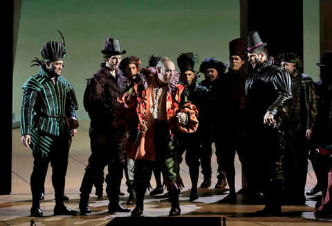 Amitai Pati (Matteo Borsa), Anthony Reed (Count Ceprano), Quinn Kelsey (Rigoletto), Andrew G. Manea (Marullo), Chorus, Rigoletto, Giuseppe Verdi. San Francisco Opera, 2016-17. Photographer: Cory Weaver/San Francisco Opera.