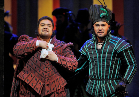 Pene Pati (The Duke of Mantua), Amitai Pati (Matteo Borsa), Rigoletto, Giuseppe Verdi. San Francisco Opera, 2016-17. Photographer: Cory Weaver/San Francisco Opera.