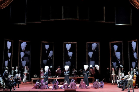 Ana María Martínez (Donna Elvira), Erin Wall (Donna Anna), Stanislas de Barbeyrac (Don Ottavio), Erwin Schrott (Leporello), Ensemble, Don Giovanni, Wolfgang Amadeus Mozart. San Francisco Opera, 2016-17. Photographer: Cory Weaver/San Francisco Opera.