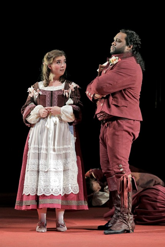 Sarah Shafer (Zerlina), Michael Sumuel (Masetto), Don Giovanni, Wolfgang Amadeus Mozart. San Francisco Opera, 2016-17. Photographer: Cory Weaver/San Francisco Opera.