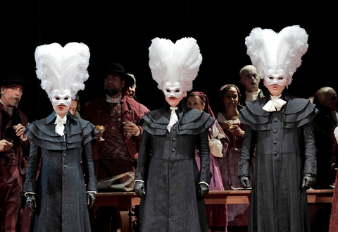 Ana María Martínez (Donna Elvira), Erin Wall (Donna Anna), Stanislas de Barbeyrac (Don Ottavio), Chorus, Don Giovanni, Wolfgang Amadeus Mozart. San Francisco Opera, 2016-17. Photographer: Cory Weaver/San Francisco Opera.