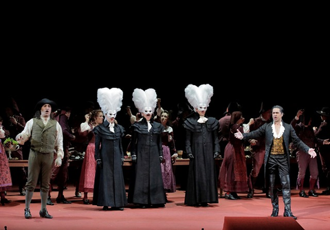 Erwin Schrott (Leporello), Ana María Martínez (Donna Elvira), Stanislas de Barbeyrac (Don Ottavio), Ildebrando D'Arcangelo (Don Giovanni), Chorus, Don Giovanni, Wolfgang Amadeus Mozart. San Francisco Opera, 2016-17. Photographer: Cory Weaver/San Francisco Opera.