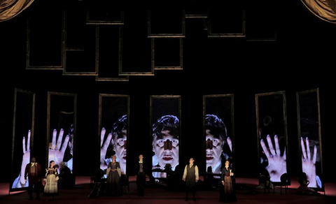 Michael Sumuel (Masetto), Sarah Shafer (Zerlina), Erin Wall (Donna Anna), Stanislas de Barbeyrac (Don Ottavio), Erwin Schrott (Leporello), Ana María Martínez (Donna Elvira), Don Giovanni, Wolfgang Amadeus Mozart. San Francisco Opera, 2016-17. Photographer: Cory Weaver/San Francisco Opera.