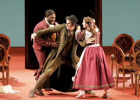 Michael Sumuel (Masetto), Erik Anstine (Leporello), Sarah Shafer (Zerlina), Don Giovanni, Wolfgang Amadeus Mozart. San Francisco Opera, 2016-17. Photographer: Cory Weaver/San Francisco Opera.