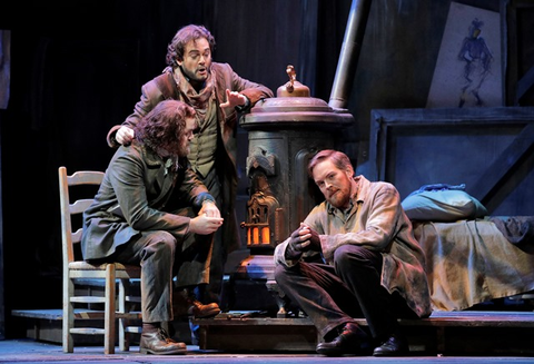 Scott Conner (Colline), Arturo Chacón-Cruz (Rodolfo), Audun Iversen (Marcello), La Bohème, Giacomo Puccini. San Francisco Opera, 2016-17. Photographer: Cory Weaver/San Francisco Opera.