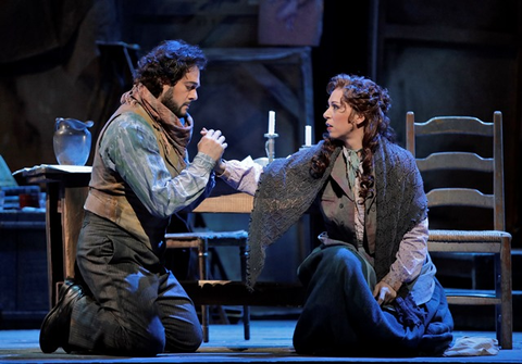 Arturo Chacón-Cruz (Rodolfo), Erika Grimaldi (Mimì), La Bohème, Giacomo Puccini. San Francisco Opera, 2016-17. Photographer: Cory Weaver/San Francisco Opera.