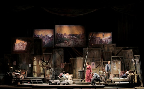 Brad Walker (Schaunard), Erika Grimaldi (Mimì), Ellie Dehn (Musetta), Audun Iversen (Marcello), Scott Conner (Colline), Arturo Chacón-Cruz (Rodolfo), La Bohème, Giacomo Puccini. San Francisco Opera, 2016-17. Photographer: Cory Weaver/San Francisco Opera.