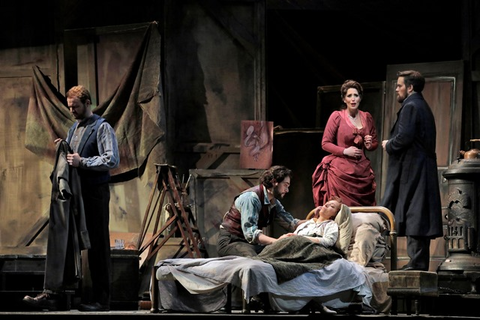 Scott Conner (Colline), Arturo Chacón-Cruz (Rodolfo), Erika Grimaldi (Mimì), Ellie Dehn (Musetta), Audun Iversen (Marcello), La Bohème, Giacomo Puccini. San Francisco Opera, 2016-17. Photographer: Cory Weaver/San Francisco Opera.