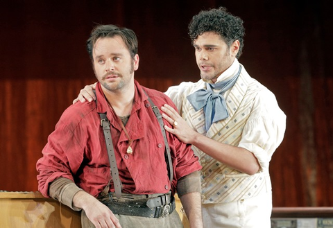 Paul Appleby (Joe Cannon), Elliot Madore (Ramón), Girls of the Golden West, John Adams. San Francisco Opera, 2017-18. Photographer: Cory Weaver/San Francisco Opera.