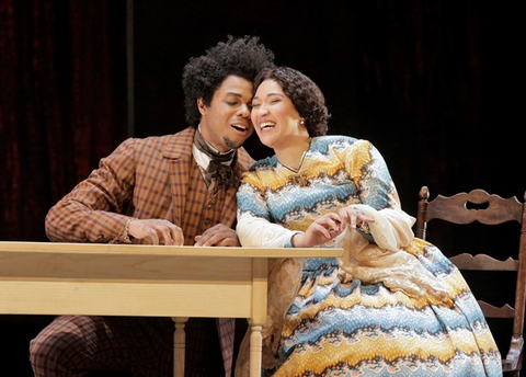 Davóne Tines (Ned Peters), Julia Bullock (Dame Shirley), Girls of the Golden West, John Adams. San Francisco Opera, 2017-18. Photographer: Cory Weaver/San Francisco Opera.