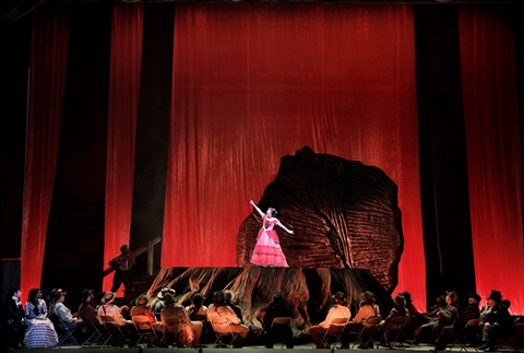 Elliot Madore (Ramón), J'Nai Bridges (Josefa Segovia), Hye Jung Lee (Ah Sing), Chorus, Girls of the Golden West, John Adams. San Francisco Opera, 2017-18. Photographer: Cory Weaver/San Francisco Opera.