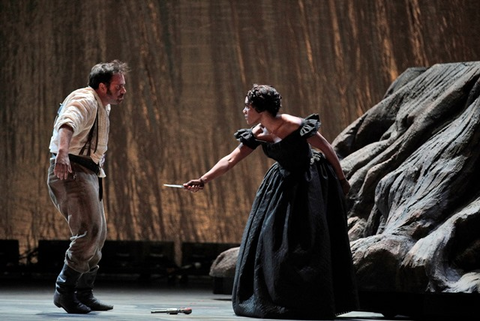 Paul Appleby (Joe Cannon), J'Nai Bridges (Josefa Segovia), Girls of the Golden West, John Adams. San Francisco Opera, 2017-18. Photographer: Cory Weaver/San Francisco Opera.