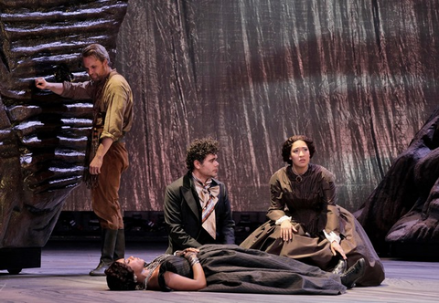 Ryan McKinny (Clarence), J'Nai Bridges (Josefa Segovia), Elliot Madore (Ramón), Julia Bullock (Dame Shirley), Girls of the Golden West, John Adams. San Francisco Opera, 2017-18. Photographer: Cory Weaver/San Francisco Opera.