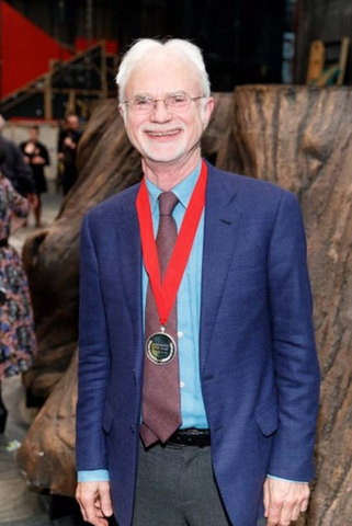 John Adams receiving the San Francisco Opera Medal folwoing the 11/21/2018 world premiere, Girls of the Golden West, John Adams. San Francisco Opera, 2017-18. Photographer: Drew Altizer/San Francisco Opera.