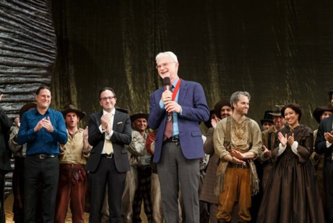 John Adams receiving the San Francisco Opera Medal folwoing the 11/21/2018 world premiere: Matthew Shilvock, John Adams, Ryan McKinny, Julia Bullock, Chorus, Girls of the Golden West, John Adams. San Francisco Opera, 2017-18. Photographer: Drew Altizer/San Francisco Opera.