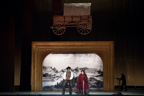 Davóne Tines (Ned Peters), Julia Bullock (Dame Shirley), Girls of the Golden West, John Adams. San Francisco Opera, 2017-18. Photographer: Stefan Cohen/San Francisco Opera.