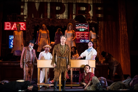 Ryan McKinny (Clarence), Paul Appleby (Joe Cannon), Elliot Madore (Ramón), Ensemble, Girls of the Golden West, John Adams. San Francisco Opera, 2017-18. Photographer: Stefan Cohen/San Francisco Opera.