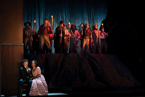 Elliot Madore (Ramón), J'Nai Bridges (Josefa Segovia), Chorus, Girls of the Golden West, John Adams. San Francisco Opera, 2017-18. Photographer: Stefan Cohen/San Francisco Opera.